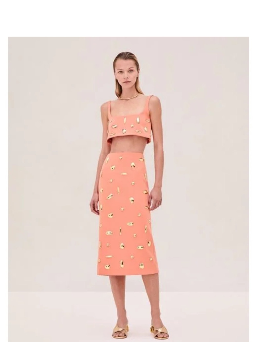 Alexis Women’s Peach Midi Pencil Skirt - Floral Embellished